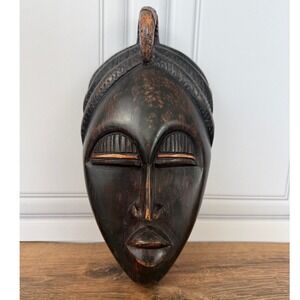 Hand Carved Baoulé Wooden Mask African Wall Art from Ivory Coast